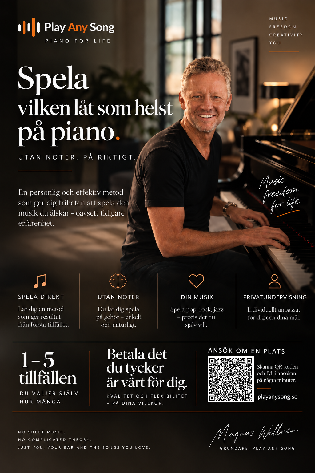 PlayAnySong affisch: Spela vilken låt som helst på piano – utan noter, på riktigt